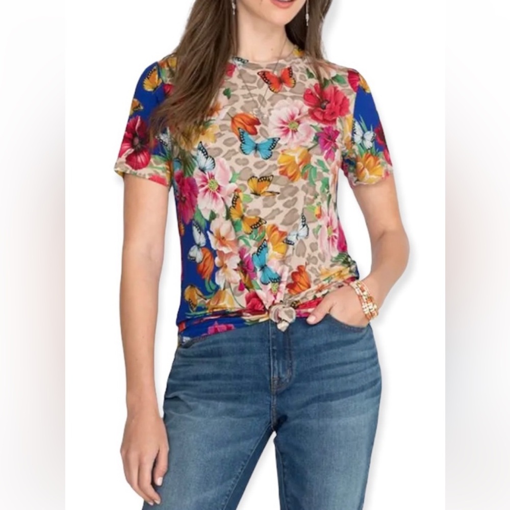Johnny Was Mayflower Leopard Butterfly Floral Favorite Tee T- Shirt Size XL Boho